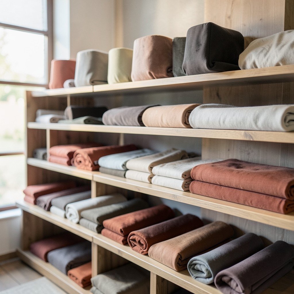 Shelves of folded fabric at Fabric & Habby World, KwaDukuza